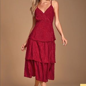 Lulus Blaine Wine Red Striped Tiered Midi Dress